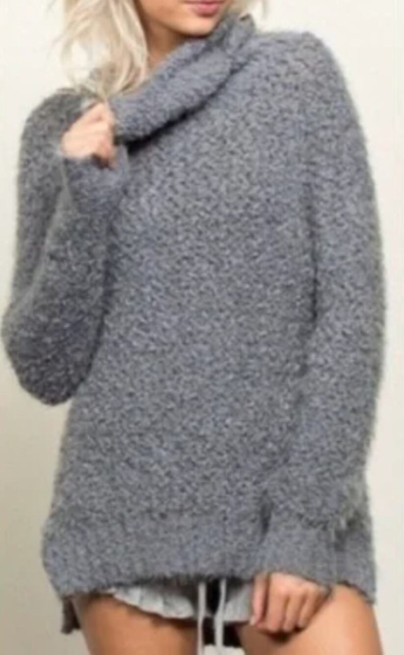POL Gray Fuzzy Cowl Neck Sweater Small Eyelash Knit Cozy Pullover